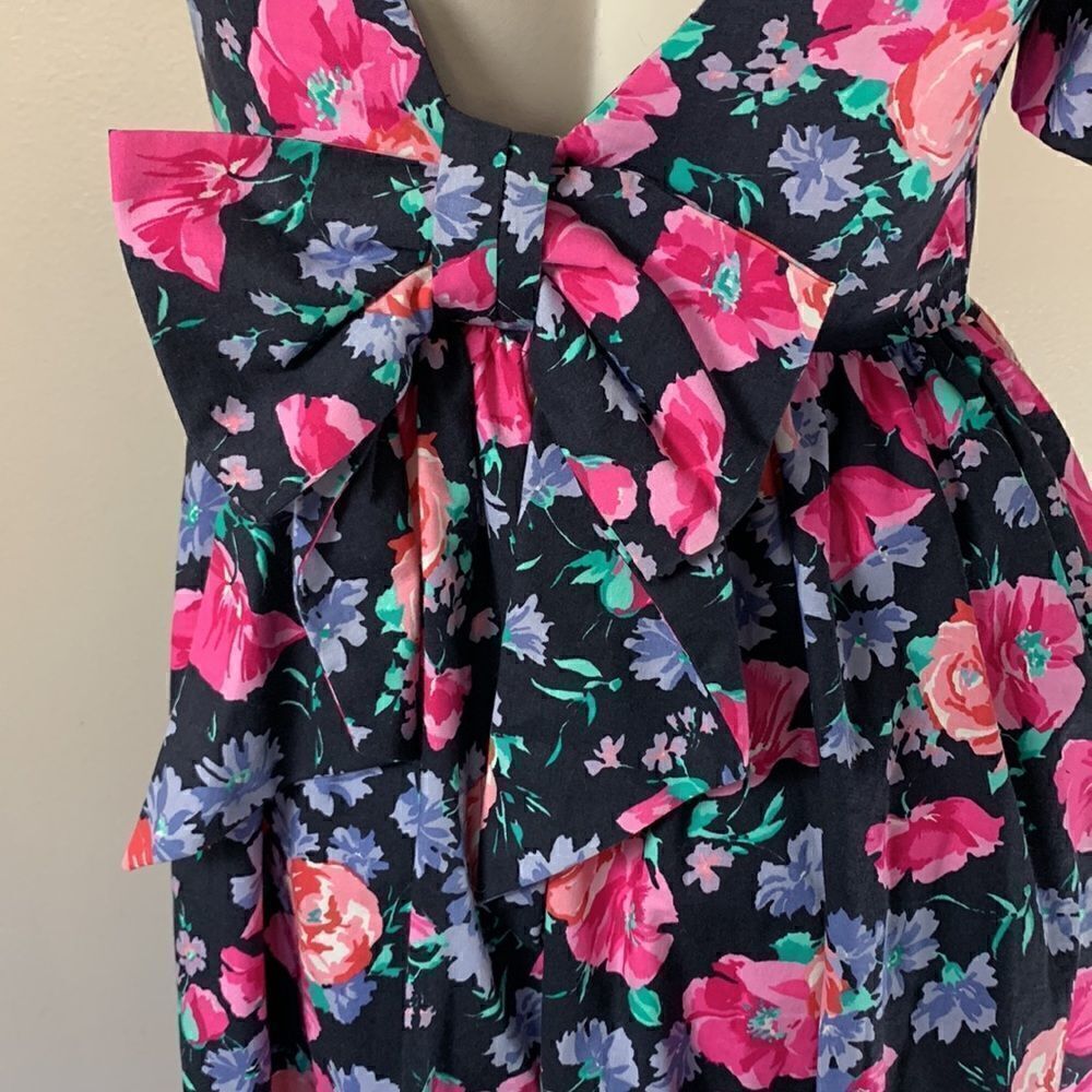 Laura Ashley Floral Midi Dress Puff Sleeves bow & Open plunging Back sz 10 prom - Picture 11 of 16